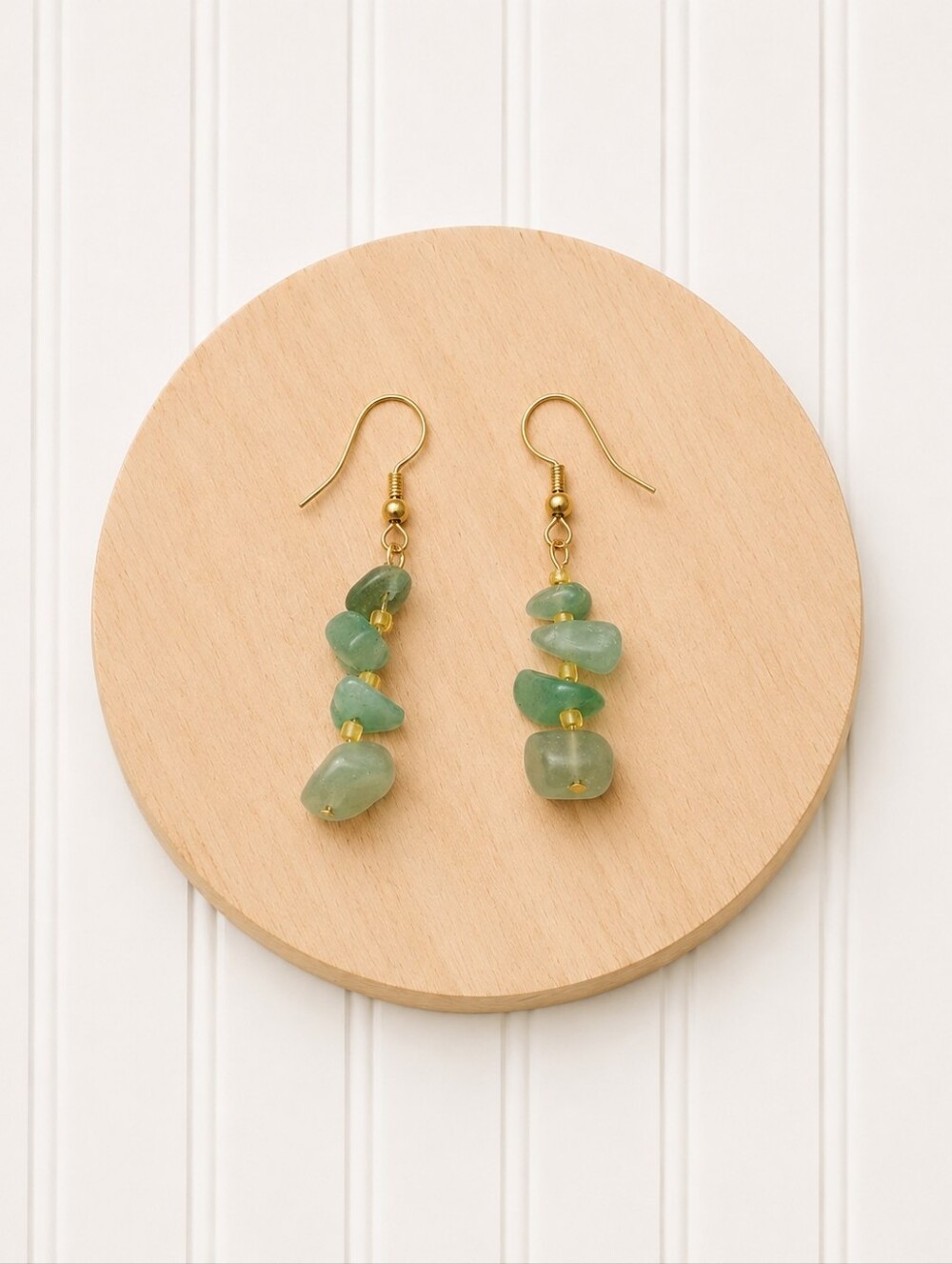 Green Aventurine Beaded Drop Earrings - Gold Tone
